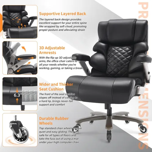Miniatura 6 de VUZI Silla de oficina grande y alta de 700 libras - Silla grande de computadora con soporte lumbar ajustable, brazos plegables 3D, ruedas