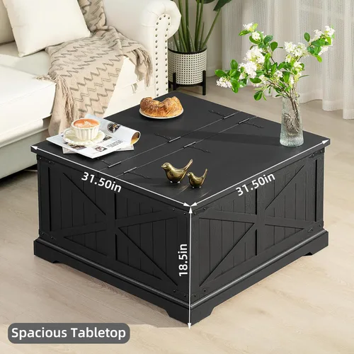 Miniatura 3 de Joaxswe - Mesa de centro de granja con gran compartimento de almacenamiento oculto, mesa central rústica negra cuadrada, mesas modernas de sala