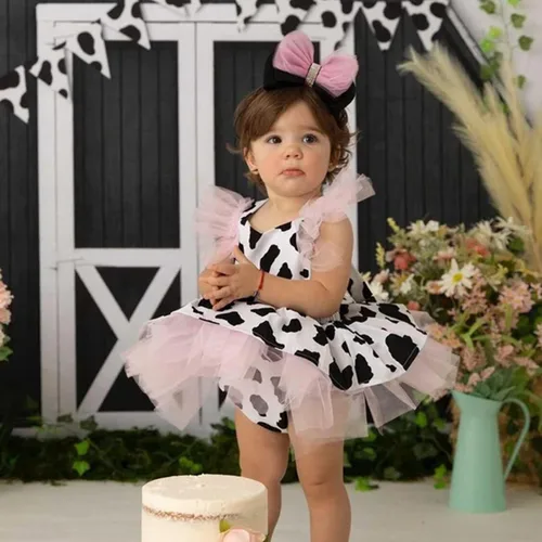 Miniatura 7 de Toddler Girl Fall Dress Baby Girls Romper Dress Infant Cow Print Tulle Clothes Take Home Outfit