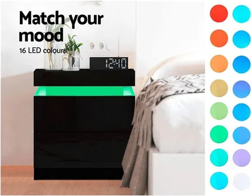 Miniatura 6 de Mesita de noche de alto brillo con luz LED RGB, moderna con 2 cajones laterales, mesita de noche, mueble de dormitorio (negro/blanco) (Color negro)