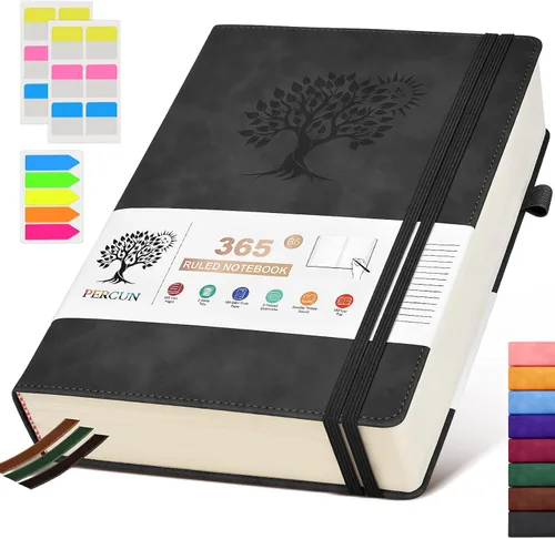 PERCUN Cuaderno de diario rayado B5 – Diarios grandes de cuero de 365 páginas para escritura de mujeres y hombres, cuaderno de tapa dura con páginas