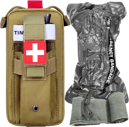 Miniatura 7 de Bolsa para torniquete (vendaje israelí + bolsa IFAK), kit médico pequeño para trauma, primeros auxilios tácticos para acampar y senderismo Camouflaje
