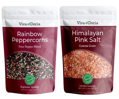 Viva Doria Mezcla de granos de pimienta arcoíris de 12 onzas y sal rosa del Himalaya, grano grueso, 2 libras, granos de pimienta entera mezclados
