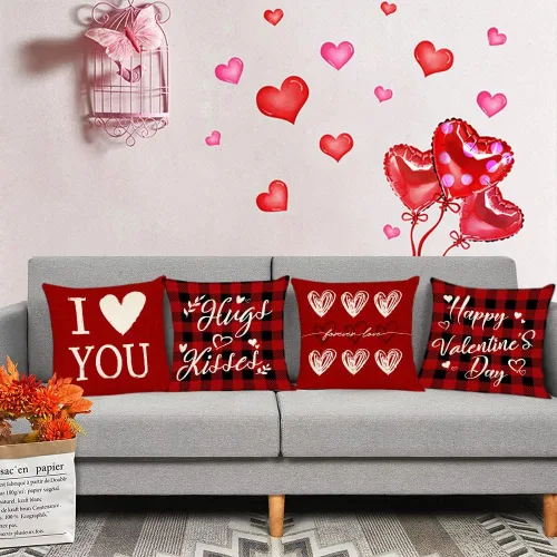 Miniatura 5 de Juego de 4 fundas de almohada de 16 x 16 pulgadas, diseño de corazón rojo con diseño de corazón de amor, fundas de almohada de aniversario de boda