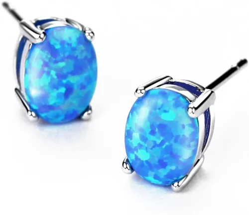 Miniatura 3 de Sterling Silver Opal Stud Earrings for Women Solitaire 6x8mm Oval Cut Opal Gemstone Earrings for Girls