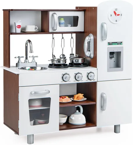 HONEY JOY Juego de cocina para niños, cocina de madera para niños pequeños, utensilios de cocina, teléfono, reloj, dispensador de agua, gabinete de