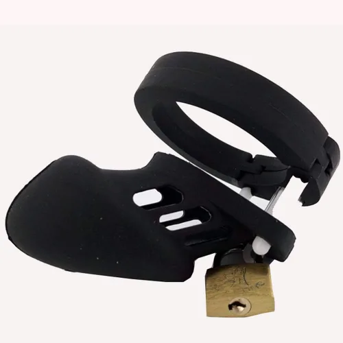 Miniatura 7 de Dispositivo de castidad masculino de silicona suave con 5 anillos, dispositivo de jaula de castidad masculina de color negro con cerradura y llave