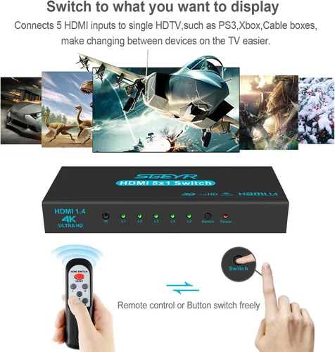Miniatura 5 de Conmutador HDMI SGEYR 5x1, conmutador HDMI 5 en 1, selector HDMI de 5 puertos, caja con control remoto IR, HDMI 1.4, HDCP 1.4, compatible