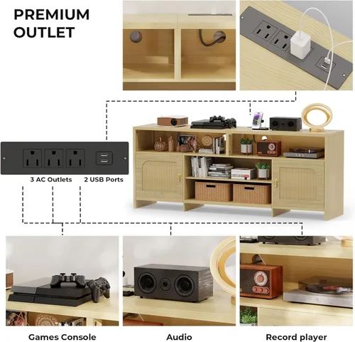 Miniatura 4 de Soporte de TV para TV de 70 pulgadas, centro de entretenimiento de 63 pulgadas con luz LED, tomacorriente, soporte de TV de ratán con estantes