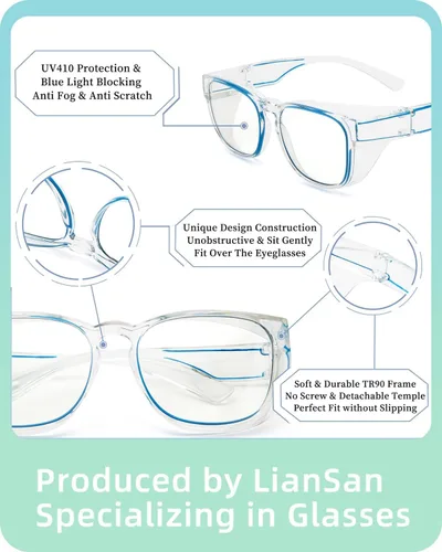 Miniatura 5 de LianSan Gafas de seguridad sobre anteojos para mujer, gafas antivaho que se ajustan sobre las gafas para certificación ANSI Z87.1 Azul