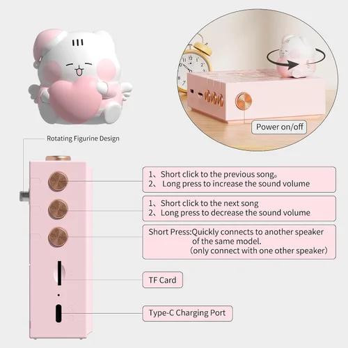 Miniatura 4 de ICARER - Altavoz pequeño inalámbrico, altavoz Bluetooth de animales Kawaii con tiempo de reproducción de 20 horas y tarjeta TF, caja de música