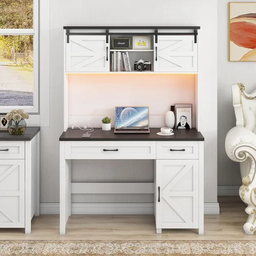 Miniatura 12 de Escritorio ejecutivo de granja de 67 pulgadas de alto con gabinete, mesa de oficina con luz LED y 4 cajones, escritorio para computadora