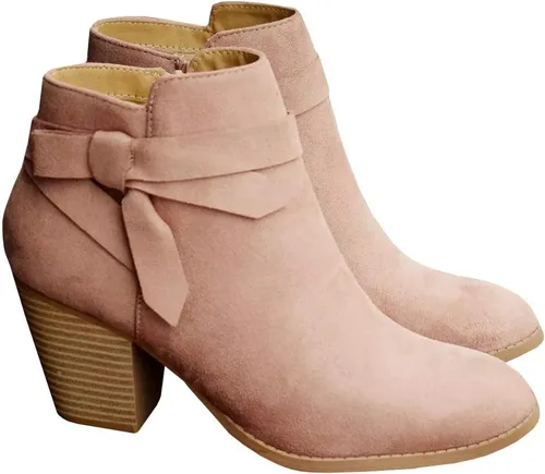 PiePieBuy - Botines estilo Chelsea con lazo decorativo, puntera cerrada y tacón grueso apilado para mujer