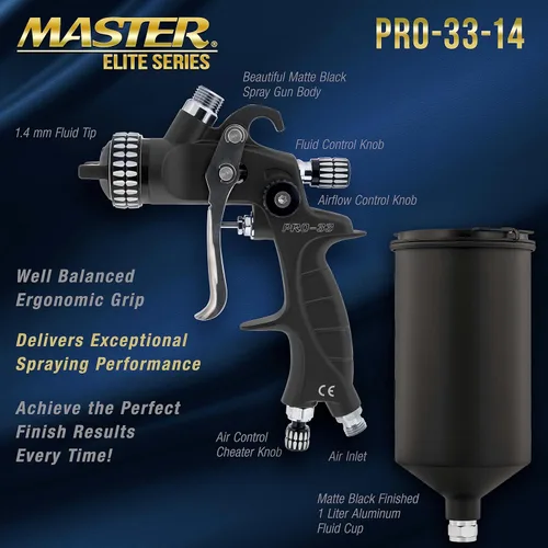 Miniatura 3 de Pistola Pulverizadora de Pintura Master Elite de Alto Rendimiento PRO-33 HVLP con Punta de 1.4mm (0.055 pulgadas), Copa de 1L, Medidor Regulador