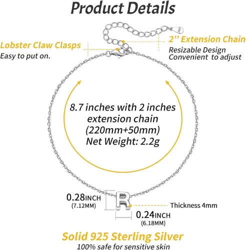 Miniatura 6 de ChicSilver 925 Sterling Silver Initial Ankle Bracelets for Women, Simple Dainty Letter Initial Anklets Beach Foot Chain Alphabet Jewelry