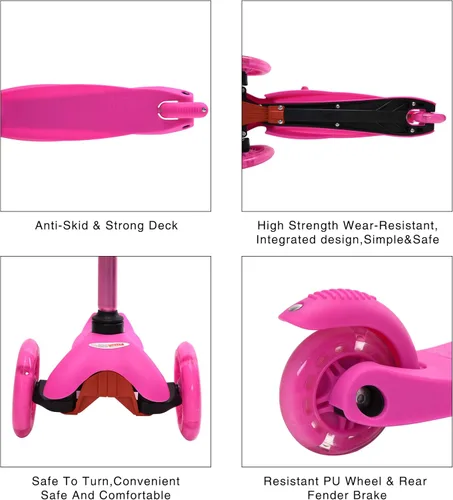 Miniatura 5 de ChromeWheels Mini Scooter para Niños Pequeños, Scooters Deluxe de 3 Ruedas para Niños, 4 Alturas Ajustables con Scooters de Patada, Rosa
