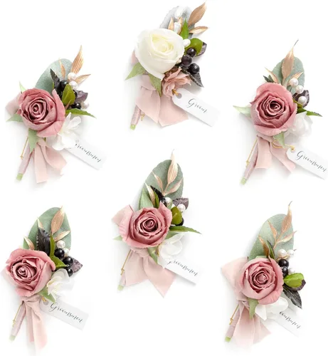 Miniatura 23 de Ling's Moment Boutonniere para Hombres Boda, Juego de 6, Novio y Padrinos Boutonniere para Boda Regreso a Casa Halloween Ceremonia Aniversario, Cena