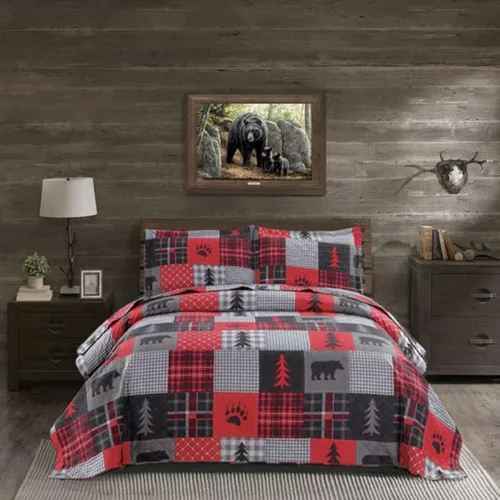Miniatura 11 de Juego de ropa de cama rústico de tamaño individual, colcha con diseño de cabaña y lodge, edredón de estilo country, colcha a cuadros de búfalo