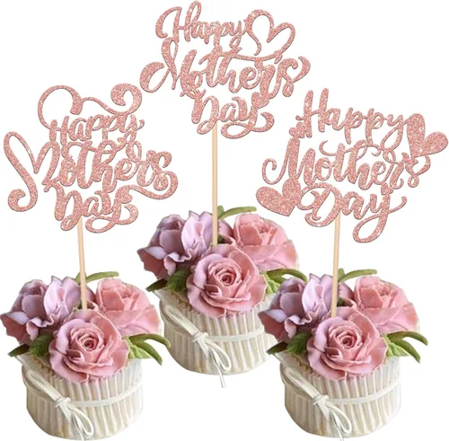 Miniatura 10 de Rsstarxi 1 paquete de decoración para pastel con flores de purpurina con doble corazón Love Mom Best Mom Best Mom Cake Pick Decoraciones para feliz