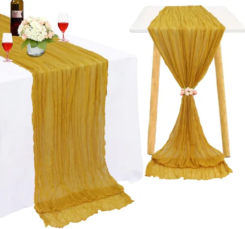 Miniatura 12 de Camino de mesa de gasa color dorado, 36 x 120 pulgadas, tela rústica de queso, 10 pies, camino de mesa bohemio transparente para recepción, fiesta