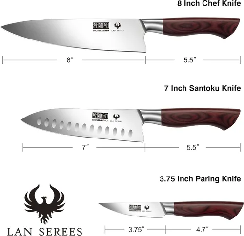 Miniatura 2 de HOSHANHO Juego de cuchillos de cocina de 3 piezas, cuchillos de chef ultra afilados, Santoku/Pelar, cuchillos profesionales de acero de alto carbono