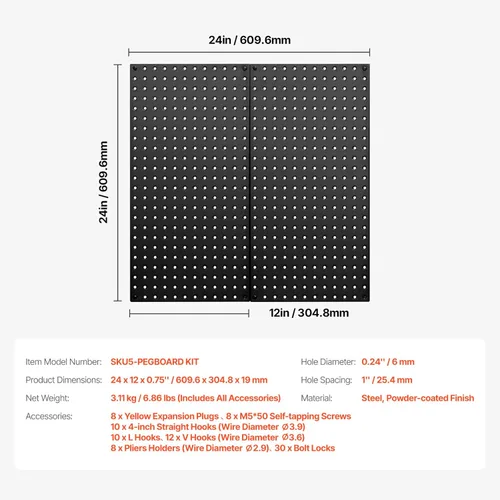 Miniatura 7 de VEVOR Paneles de metal con clavijas, tablero perforado de 24" x 12", 2 paneles, organizador de pared resistente con accesorios, para sala de estar