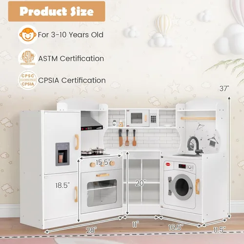 Miniatura 6 de Costzon Juego de cocina esquinera para niños, cocina de madera con sonidos y luces, lavadora, campana extractora, máquina de hielo, microondas