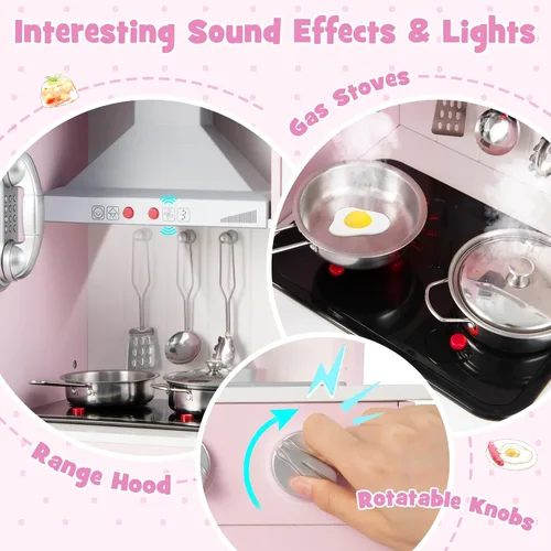 Miniatura 4 de HONEY JOY Juego de cocina para niños, cocina de madera para niños pequeños, microondas, utensilios de cocina, lavadora, campana extractora, pizarra