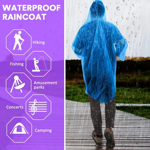 Miniatura 5 de Ponchos de lluvia desechables a granel para adultos, ponchos de emergencia con capucha para hombres y mujeres, viajes, camping, senderismo