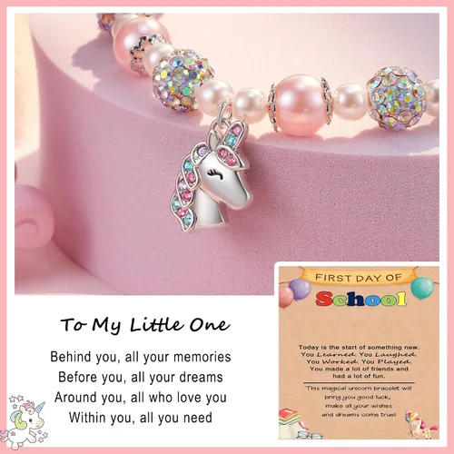 Miniatura 2 de HGDEER KindergartenPreschool Graduation Gifts for Girls Pink Pearl and Rhinestone Balls Unicorn Bracelet Adjustable Length Suitable for Daughter
