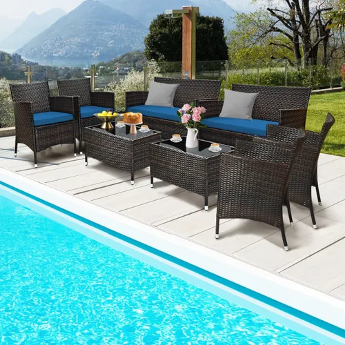 Miniatura 17 de Juego de sofá de patio de 4 piezas, juego de conversación de mimbre con respaldo ergonómico curvo, juego de muebles de ratán para patio con cojín