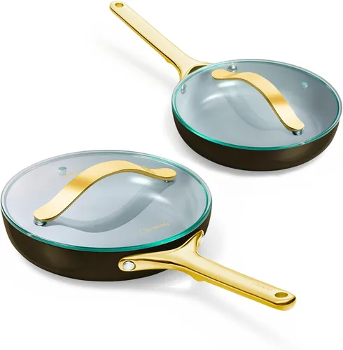 Miniatura 16 de Caraway Dúo de Sartenes de Cerámica con Tapas de Vidrio - Sartenes Antiadherentes (10.5" y 8") - No Tóxico, Libre de PTFE y PFOA - Apto para Horno