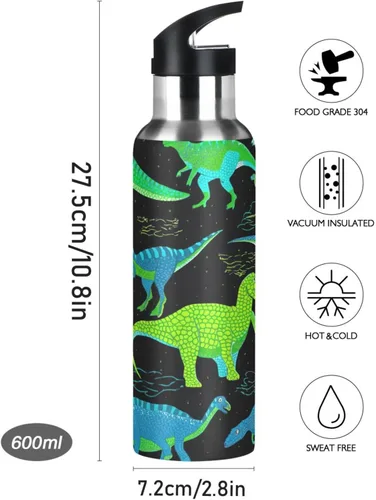 Miniatura 9 de BPA-Free Sport Water Bottle Insulated 20 Oz, Stainless Steel Water Bottle for Gym Outdoor Travel School, Dinosaurs Green Blue Black