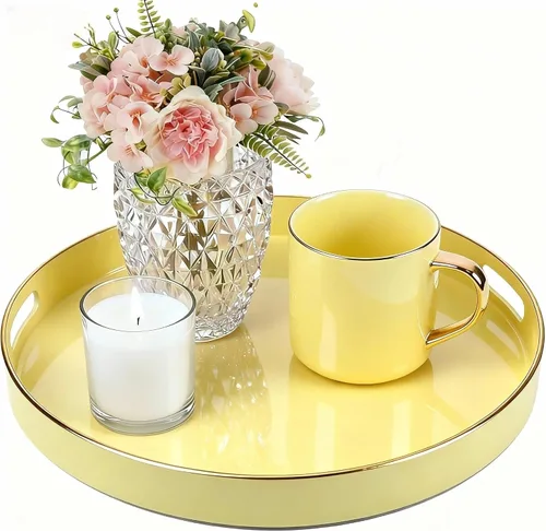 Miniatura 10 de Bandeja decorativa redonda, bandeja de plástico con asas, bandeja moderna de tocador y bandeja de servir para otomano, mesa de café, cocina y baño
