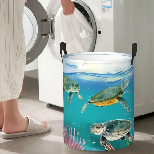 Miniatura 7 de Cesta circular con estampado de tortugas marinas y peces impermeable, cesta organizadora de lavandería, con asas, para ropa, juguetes, pequeña