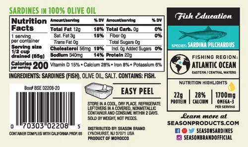 Miniatura 2 de Season Sardinas en aceite de oliva – capturadas en la naturaleza, 0.78 oz de proteína, bocadillos Keto, más Omega 3 que atún, Kosher, alto