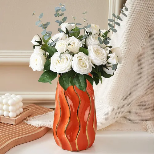 Miniatura 5 de Jarrón de cerámica, jarrón naranja para decoración del hogar, florero decorativo, jarrones de cerámica de rayas verticales para decoración