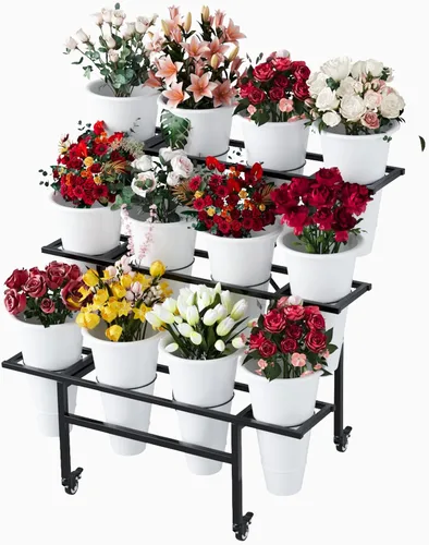 Miniatura 11 de Zhongma Soporte móvil para plantas con ruedas, carrito de jardín resistente, estante de flores con 12 cubos de plástico para flores frescas