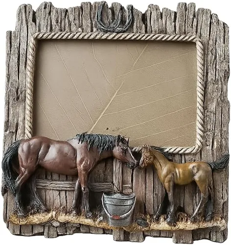 Comfy Hour Marco de fotos de figura de caballo doble de 7.48 x 7.75 pulgadas, estilo rústico, antiguo, estilo occidental, decoración del hogar,