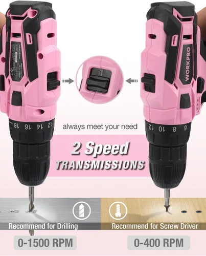 Miniatura 5 de WORKPRO Juego de Taladro Atornillador Inalámbrico Rosa, Kit de Herramientas de Atornillador Eléctrico de 12V, Portabrocas sin Llave de 3/8