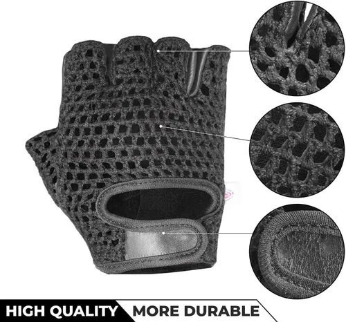 Miniatura 5 de Guantes de entrenamiento sin dedos transpirables acolchados de cuero, espalda de ganchillo, negro (XS)