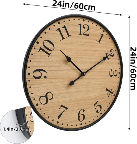 Miniatura 2 de Reloj de pared rústico para decoración de sala de estar, reloj de pared grande de 24 pulgadas con cara de madera marrón oscuro y marco de metal