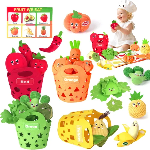 Juguetes sensoriales de clasificación de color para bebés de 6 a 12 meses – 17 piezas de frutas y verduras de juguete de peluche para niños pequeños