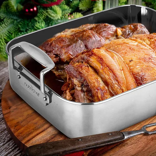 Miniatura 8 de NutriChef Asador de cocina de acero inoxidable de 14 pulgadas con rejilla de alambre pulido, versátil juego de hornear para pavo, pollo, carnes