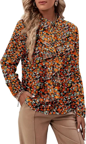 Miniatura 22 de LYANER - Blusa de manga larga con cuello de botón y volantes en la parte delantera para mujer