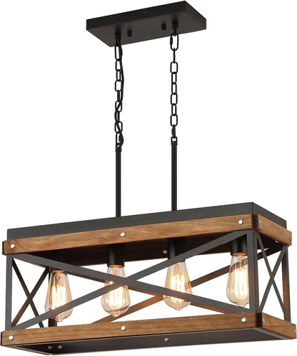 Miniatura 9 de Paquete de 2 lámparas colgantes de madera rústica de granja con cadena ajustable de una sola luz de madera de roble y metal, iluminación colgante