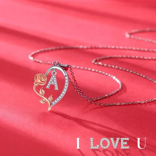 Miniatura 3 de Collar con inicial de corazón de rosa para mujer, delicado collar de letras de corazón de plata esterlina S925, collar de letras de corazón de rosa