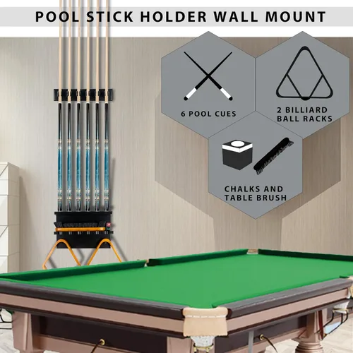 Miniatura 3 de Billmart Soporte de pared para palos de billar - Soporte para tacos de billar para 6 palitos de almacenamiento de accesorios de mesa de billar