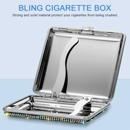 Miniatura 7 de SAVORI Estuche de cigarrillos para mujeres y hombres, soporte de cigarrillos de metal con cristales brillantes de doble cara, caja de cigarrillos AB
