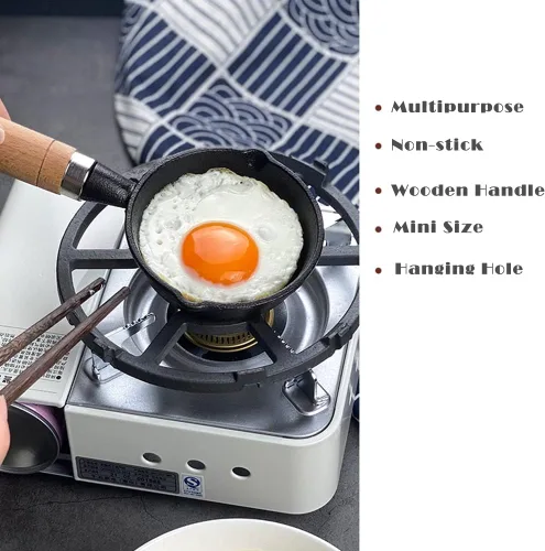 Miniatura 4 de CANDeal Mini sartén de hierro fundido con mango de madera resistente al calor, sartén para fajitas para barbacoa, tortilla, tapas y postres